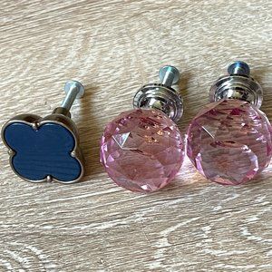 Drawer Pulls - 2 Pink Globe Glass 1- Blue Shape - 3 Pack